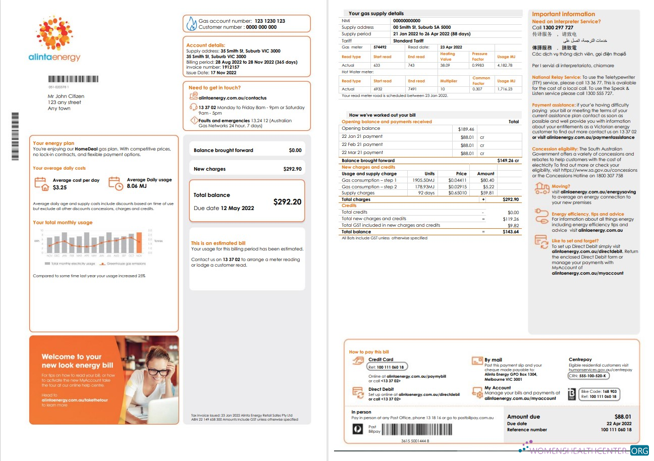 download Australia Alinta Energy gas utility bill template in Word and PDF format, 2 pages PDF template